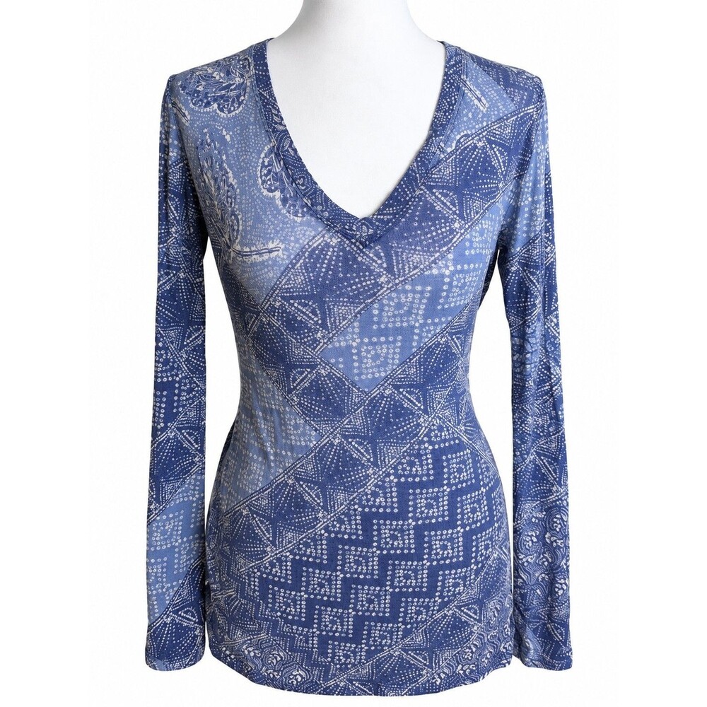 Vintage BCBGMAXAZRIA Blue Patchwork Print Long Sleeve Top Large Boho